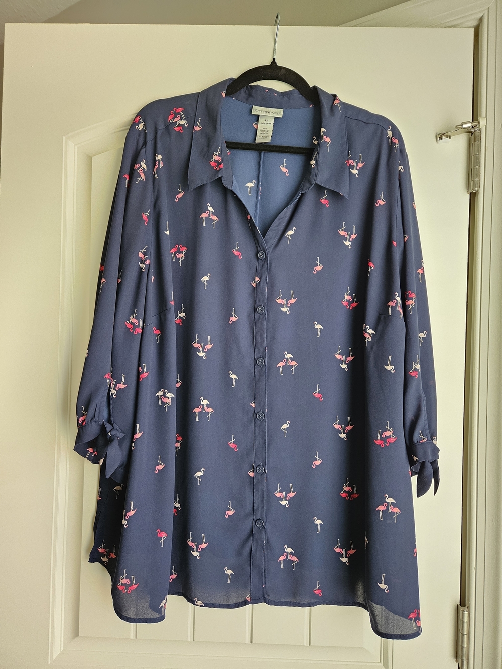 Catherines 3x Navy Button-Front Blouse with Pink Flamingo Print